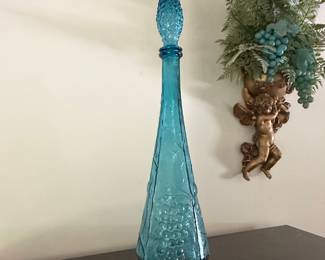 Vintage Empoli Italian Teal Blue Grape Cluster Genie Bottle Decanter