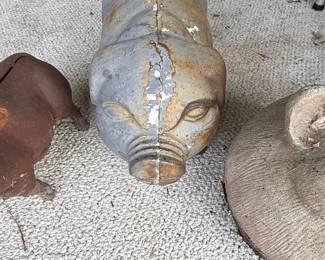 Vintage Cast Iron Pig Doorstop and Concrete Pig Statue