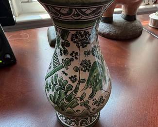 Vintage Hand-Painted Portuguese Ceramic Vase with Pastoral Scene
