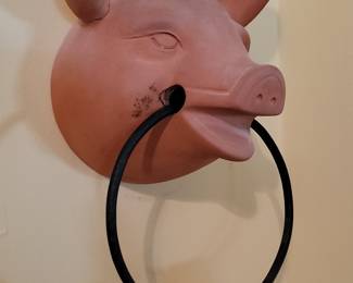 Vintage Terracotta Pig Head Wall Hook with Leather Strap