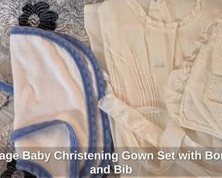 Vintage Baby Christening Gown Set with Bonnet and Bib