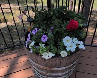 Wooden Barrel Planter with Assorted Flowers and Solar Light Garden Decor