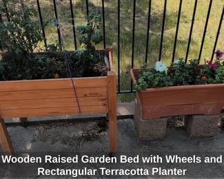 Wooden Raised Garden Bed with Wheels and Rectangular Terracotta Planter