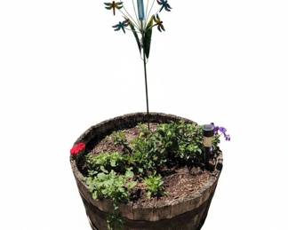 Rustic Wooden Barrel Planter with Dragonfly Garden Stake