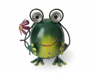 Metal Frog Garden Statue with Solar Light Eyes and Flower