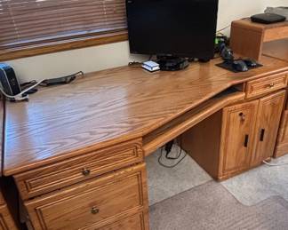 Oak LShaped Executive Desk with Hutch and Filing Cabinets