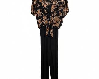 Womens TwoPiece Outfit Black Jumpsuit with Floral Top and Black Sheath Dress with White Satin and Organza Jacket