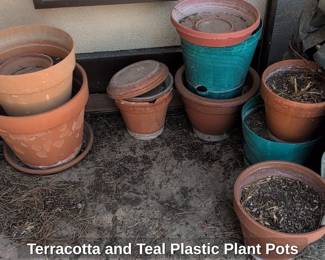 Terracotta and Teal Plastic Plant Pots