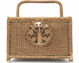 Vintage Wicker Magazine Rack with Tree of Life Motif