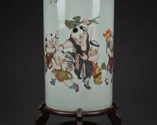Chinese Celadon Crackle Glaze Vase with Children Playing Hat Stand or Umbrella Holder