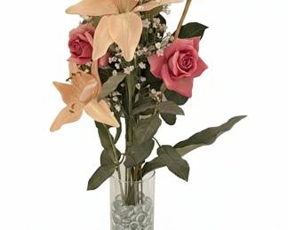 Artificial Floral Arrangement with Lilies, Roses, and Babys Breath in Glass Vase