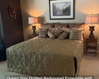 Queen Size Quilted Bedspread Ensemble with Decorative Pillows and Lamps