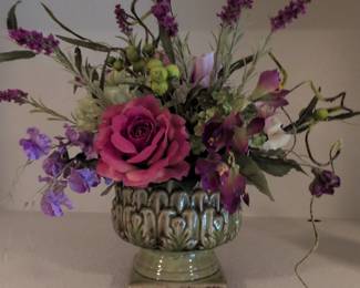 Faux Floral Arrangement in Sage Green Embossed Urn