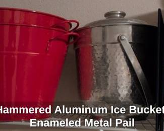 Vintage Hammered Aluminum Ice Bucket and Red Enameled Metal Pail