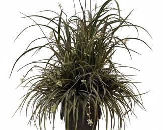 Artificial Grass Plant with White Flowers in Distressed Square Metal Planter