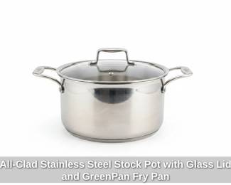 AllClad Stainless Steel Stock Pot with Glass Lid and GreenPan Fry Pan fourth image