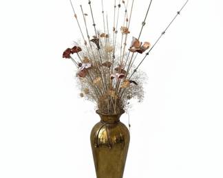 Large Brass Vase with Dried Floral Arrangement and Decorative Cord
