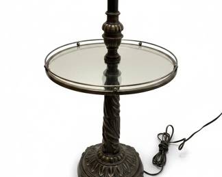 Vintage Floor Lamp with Glass Table and Ornate Metal Base second image