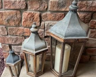 Set of Three Wood and Metal Lanterns