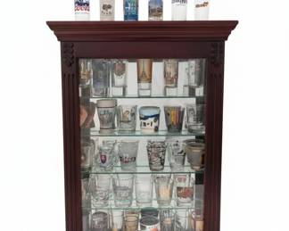 Wooden Display Cabinet with Assorted Souvenir Shot Glasses