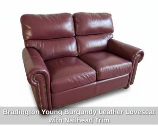 Bradington Young Burgundy Leather Loveseat with Nailhead Trim