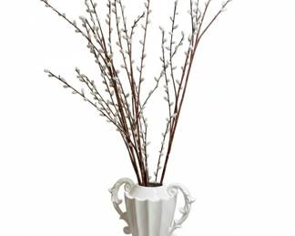 White Ceramic UrnShaped Vase with Pussy Willow Branches