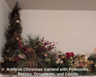 Artificial Christmas Garland with Pinecones, Berries, Ornaments, and Candle