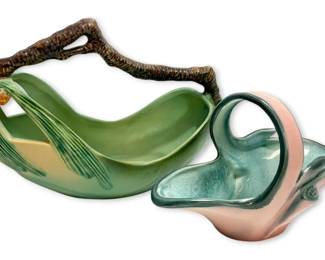 Roseville Pottery Pine Cone Basket and Hull Pink  Green Ceramic Basket
