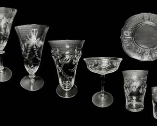 Etched Floral Wine Glasses, Plates,  More 70 Pcs.