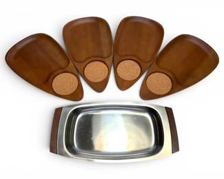 MCM Teardrop Shaped Wood Serving Trays W Metal Tray