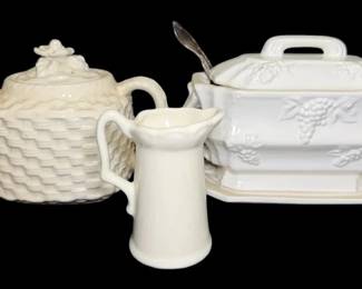 Cream Porcelain Wicker Tea Pot, Pitcher,  Butter Container