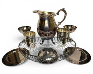 SilverPlated Pitcher, Cups, Basket,  More