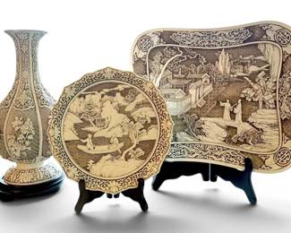 Vintage Ivory Dynasty Carved Resin Chinoiserie Vase  Decorative Plates
