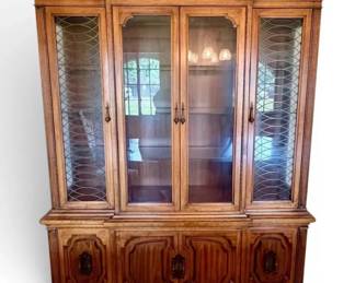 Wooden China Cabinet W Metal Work  Carved Details