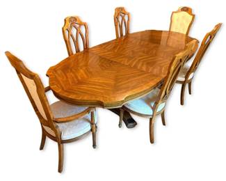 Oval Wooden Chevron Veneer Dining Table  Six Chairs