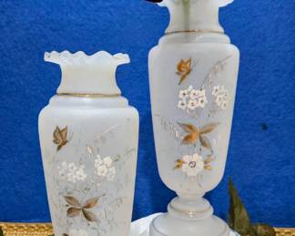 Pair of hand painted satin glass floral vases