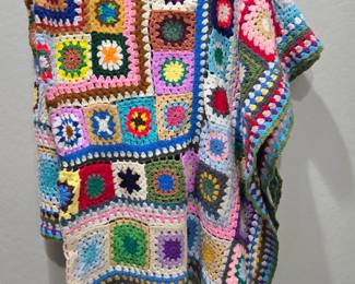 Vintage colorful handmade granny square crochet blanket
