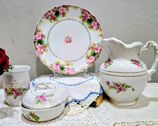 Vintage pink floral porcelain serving set