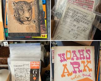Vintage Letraset and Geo-Type press-on lettering sets of various fonts; vintage drawing/illustration tutorial books and drawing/sketch books