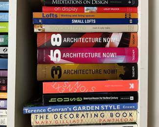 Architecture Now! volumes 3, 5, and 8 by Philip Jodidio; Meditations on Design by Wheatman, Living With What You Love by Monica Rich Kosanin, American Houses for the New Century, Terence Conran's Garden Style, The Decorating Book by Mary Gilliatt, The Garden of Claude Monet by Charles Prost