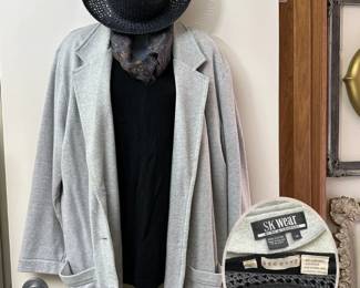 Women's vintage clothing sample from this estate sale: An SK Wear light grey jersey knit blazer size M, a Decouvé lambswool black long sleeve pullover sweater size L, and a vintage Filippo Catarzi black woven raffia brimmed hat