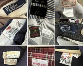 Some labels from the vintage men's clothing available at this estate sale: Polo Ralph Lauren, Viyella, Nautica, David Hunter, Levi's