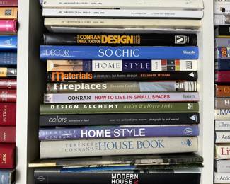 Books about architecture, home design, interior design, space planning including Architectural Digest April 1992, 1996, 2005; Materials a Directory For Home Design, How to Live in Small Spaces, New Decor, Design Alchemy, Fireplaces, Elle Decor So Chic