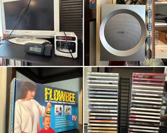 A white Sharp TV with built in DVD and companion remote control, a vintage 1980s Soundesign cube clock radio and cassette player, a Bose Companion 3 Series I multimedia subwoofer, a Flowbee haircutting system in original box, and a collection of music on CDs including Dvorak, Grieg, Paganini, Brahms, Rachmaninov, Scottish folk music, The Chieftains, Celtic Thunder, Virgil Thompson, and more