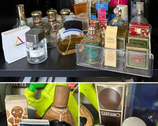A collection of vintage fragrances, including bottles from brands like Guess, Liz Claiborne, Perry Ellis, Dior, Avon, and Prime Collection Deep Sense