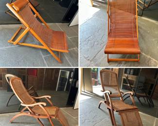 A vintage 1940's Japanese bamboo wood folding ship's deck chair, and an antique curved wood and cane seat folding deck chair with beautiful cruise liner era styling