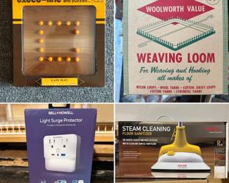 A vintage Crisloid Plastics "Last Man" peg game for two, a vintage Woolworth Value weaving loom in original box, a Bell+Howell Light Surge Protector with 2 AC outlets, one USB port, and one USB-C port (and night light) in original packaging, and a HAAN FS20 Floor Sanitizer Steam Cleaner in original box.