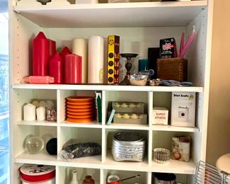 Red and white candles - from tapers to pillars to tea lights; two vases with modern twisted geometric design, giftwrap ribbon supplies, a stainless steel saucepan, a diet scale in original box, vintage tea strainers