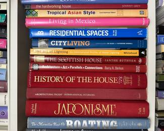 A variety of books including South Africa The Wild Paradise, Tropical Asian Style, Living in Mexico, The Art of Lighting, The Scottish House, Japonisme, The Macmillan Book of Boating, Living in China
