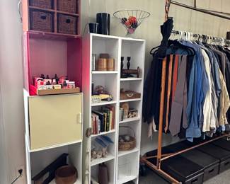 Bookshelves and storage cabinets, men's vintage ties and clothing